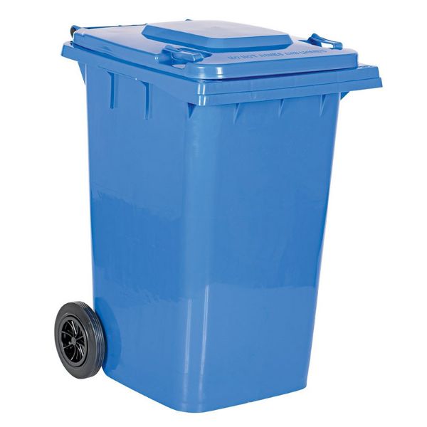 95-gallon blue HDPE trash can front view
