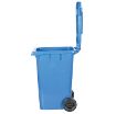 95-gallon blue HDPE trash can side angle