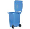 95-gallon blue HDPE trash can wheel close-up